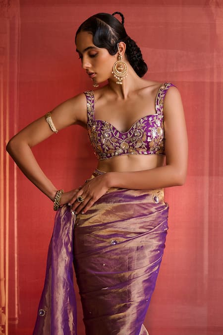 Zoon_Purple Tissue, Silk, Satin Embroidery, Sequins, Aari Work Saree With Blouse _Online_at_Aza_Fashions