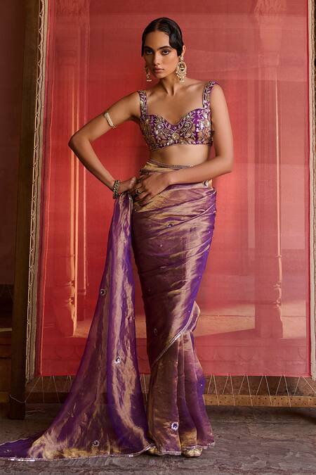 Buy_Zoon_Purple Tissue, Silk, Satin Embroidery, Sequins, Aari Work Saree With Blouse _Online_at_Aza_Fashions