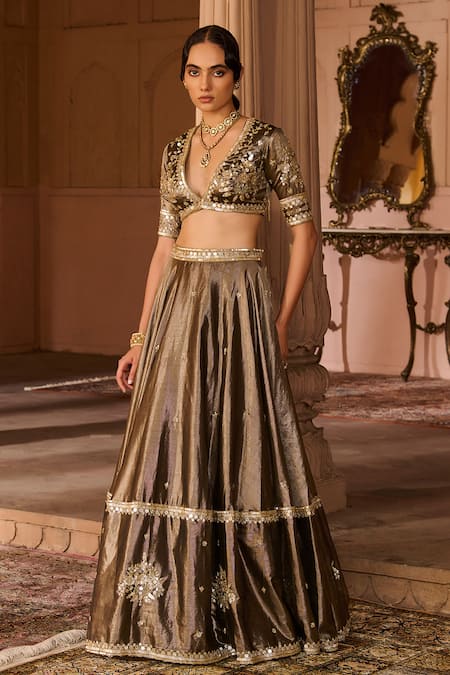 Buy_Zoon_Gold Tissue, Silk Organza Embroidery, Sequins, Aari Work Lehenga Blouse Set _Online_at_Aza_Fashions
