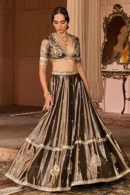 Shop_Zoon_Gold Tissue, Silk Organza Embroidery, Sequins, Aari Work Lehenga Blouse Set _Online_at_Aza_Fashions