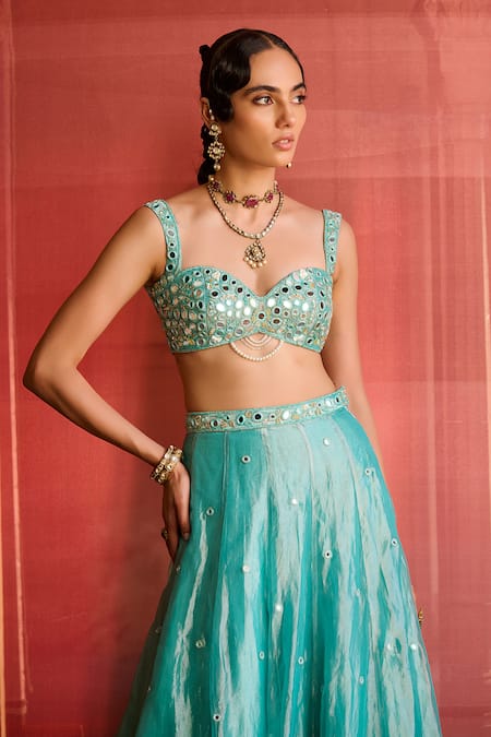 Zoon_Turquoise Net, Tissue, Silk Organza Mirrors, Aari Work Kalidar Lehenga Set _Online_at_Aza_Fashions