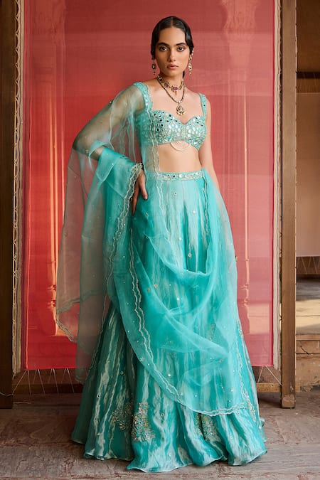 Buy_Zoon_Turquoise Net, Tissue, Silk Organza Mirrors, Aari Work Kalidar Lehenga Set _Online_at_Aza_Fashions