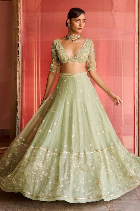 Zoon_Green Net, Silk Organza Embroidery, Sequins, Cut Work Aari Lehenga Blouse Set _Online_at_Aza_Fashions