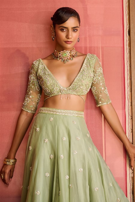 Buy_Zoon_Green Net, Silk Organza Embroidery, Sequins, Cut Work Aari Lehenga Blouse Set _Online_at_Aza_Fashions