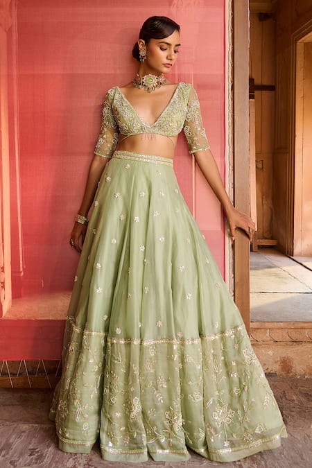 Shop_Zoon_Green Net, Silk Organza Embroidery, Sequins, Cut Work Aari Lehenga Blouse Set _Online_at_Aza_Fashions