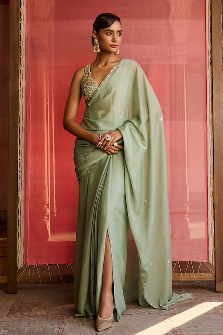 Buy_Zoon_Green Georgette, Net Embroidery, Sequins Aari Pre-draped Saree With Blouse _Online_at_Aza_Fashions
