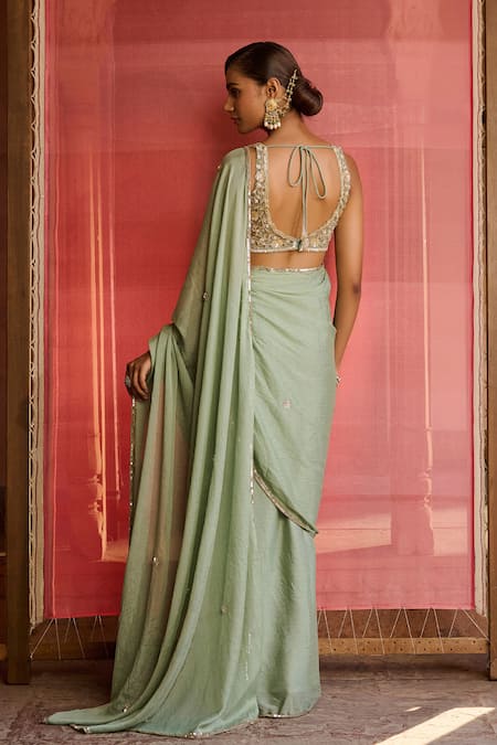 Zoon Aari Embroidered Pre-Draped Saree With Blouse 