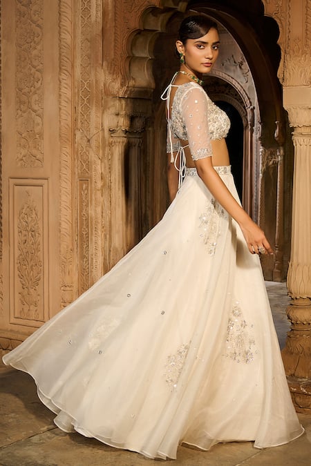 Shop_Zoon_Ivory Net, Silk Organza Embroidery, Mirrors Sweetheart Aari Hand Lehenga Set _Online_at_Aza_Fashions