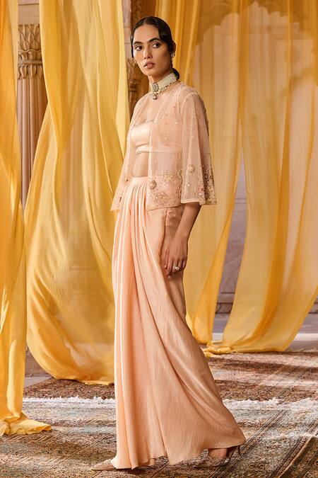 Zoon_Peach Net, Satin Sequins, Embroidery Open Neck, Scoop Aari Jacket Skirt Set _Online_at_Aza_Fashions