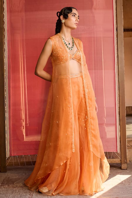 Shop Zoon Orange Net, Organza Embroidery Sweetheart Neck, Round Aari Jacket Palazzo Set Online at Aza Fashions Shop_Zoon_Orange Net, Organza Embroidery Sweetheart Neck, Round Aari Jacket Palazzo Set _Online_at_Aza_Fashions