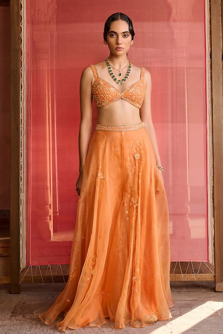 Zoon Orange Net, Organza Embroidery Sweetheart Neck, Round Aari Jacket Palazzo Set at Aza Fashions Zoon_Orange Net, Organza Embroidery Sweetheart Neck, Round Aari Jacket Palazzo Set _at_Aza_Fashions