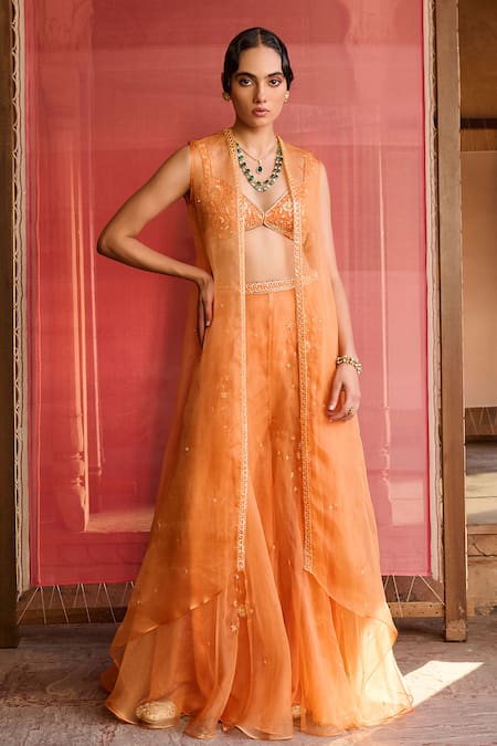 Buy Zoon Orange Net, Organza Embroidery Sweetheart Neck, Round Aari Jacket Palazzo Set Buy_Zoon_Orange Net, Organza Embroidery Sweetheart Neck, Round Aari Jacket Palazzo Set