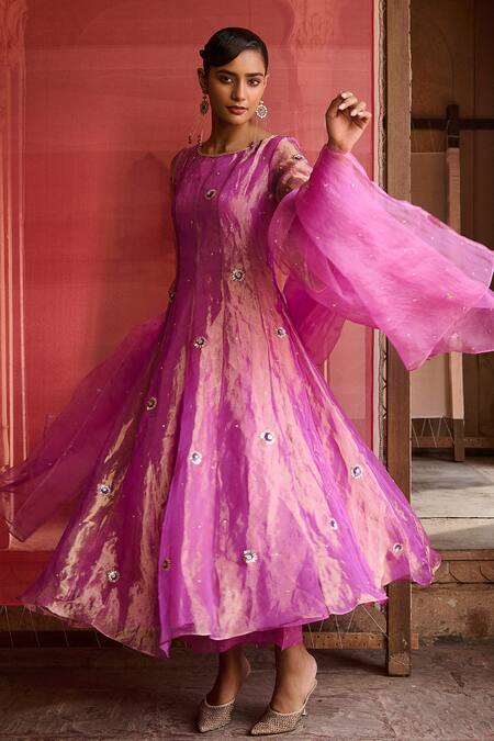 Zoon_Purple Tissue, Silk, Cotton, Organza Embroidery Boat Neck Aari Kurta Set _Online_at_Aza_Fashions