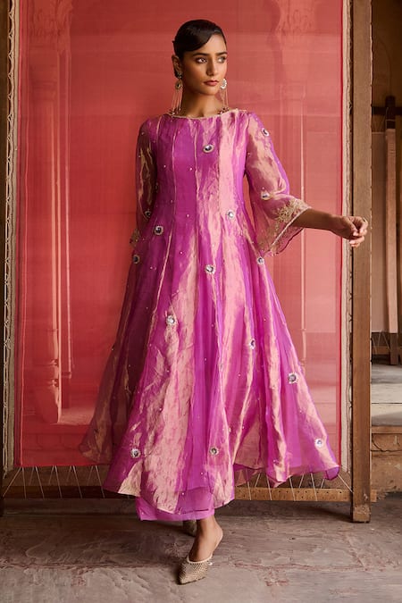 Shop_Zoon_Purple Tissue, Silk, Cotton, Organza Embroidery Boat Neck Aari Kurta Set _Online_at_Aza_Fashions