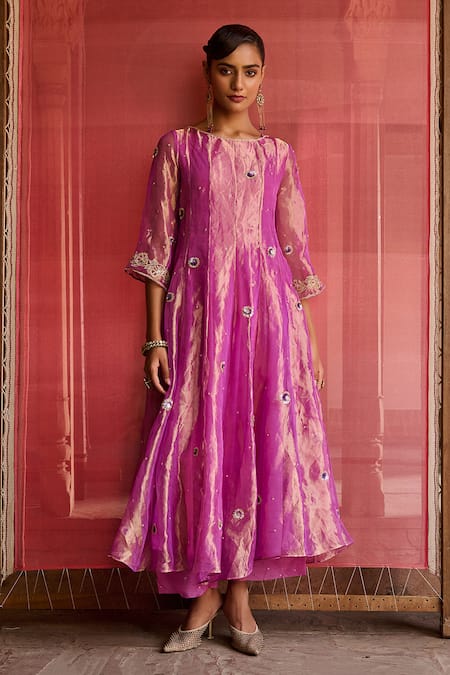 Buy_Zoon_Purple Tissue, Silk, Cotton, Organza Embroidery Boat Neck Aari Kurta Set 