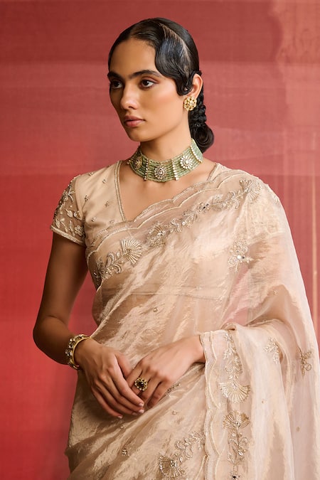 Zoon_Rose Gold Tissue, Silk, Net Embroidery V-neck Aari Floral Saree With Blouse _Online_at_Aza_Fashions