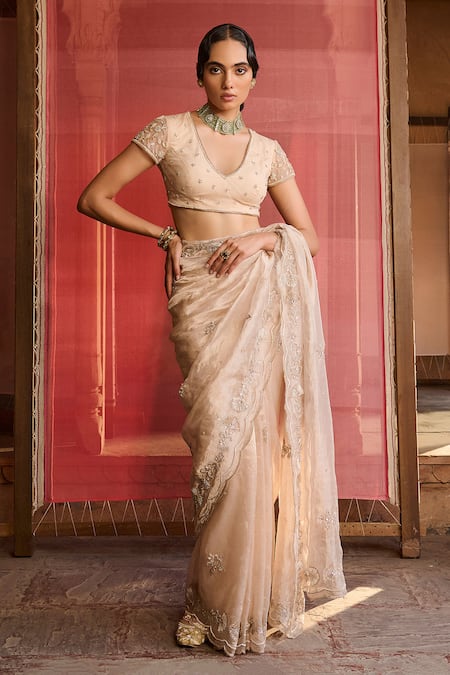 Buy_Zoon_Rose Gold Tissue, Silk, Net Embroidery V-neck Aari Floral Saree With Blouse _Online_at_Aza_Fashions