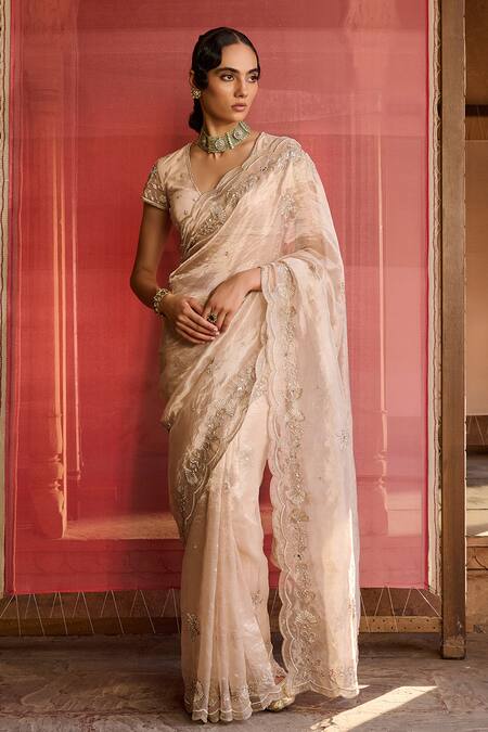 Shop_Zoon_Rose Gold Tissue, Silk, Net Embroidery V-neck Aari Floral Saree With Blouse _Online_at_Aza_Fashions