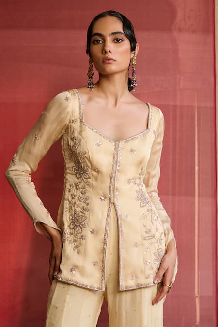 Zoon_Yellow Satin, Organza, Chiffon, Tissue Embroidery Aari Kurta Sharara Set _Online_at_Aza_Fashions