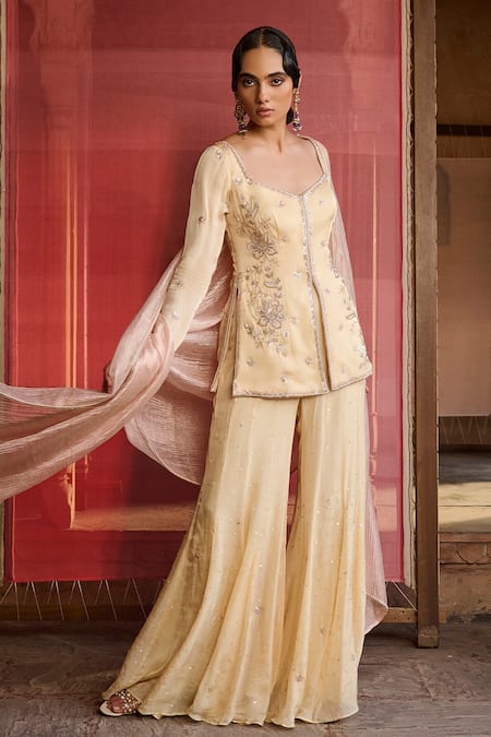 Shop_Zoon_Yellow Satin, Organza, Chiffon, Tissue Embroidery Aari Kurta Sharara Set _Online_at_Aza_Fashions