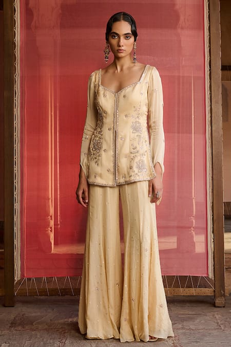 Buy_Zoon_Yellow Satin, Organza, Chiffon, Tissue Embroidery Aari Kurta Sharara Set 