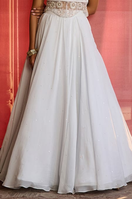 Zoon_Blue Silk , Embroidery, Sequins Open Neck, Aari Jacket Skirt Set _Online_at_Aza_Fashions