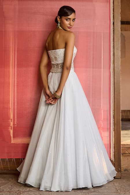 Buy_Zoon_Blue Silk , Embroidery, Sequins Open Neck, Aari Jacket Skirt Set _Online_at_Aza_Fashions