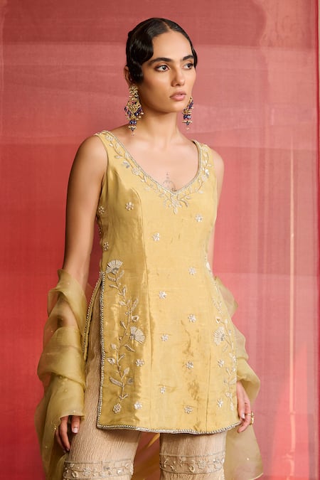 Zoon_Lime Silk, Tissue, Organza Embroidery, Metallic Thread Aari Kurta Sharara Set _Online_at_Aza_Fashions