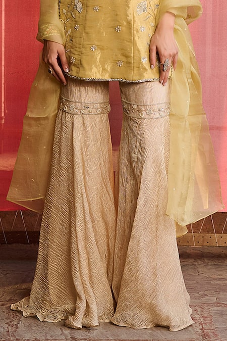 Buy_Zoon_Lime Silk, Tissue, Organza Embroidery, Metallic Thread Aari Kurta Sharara Set _Online_at_Aza_Fashions