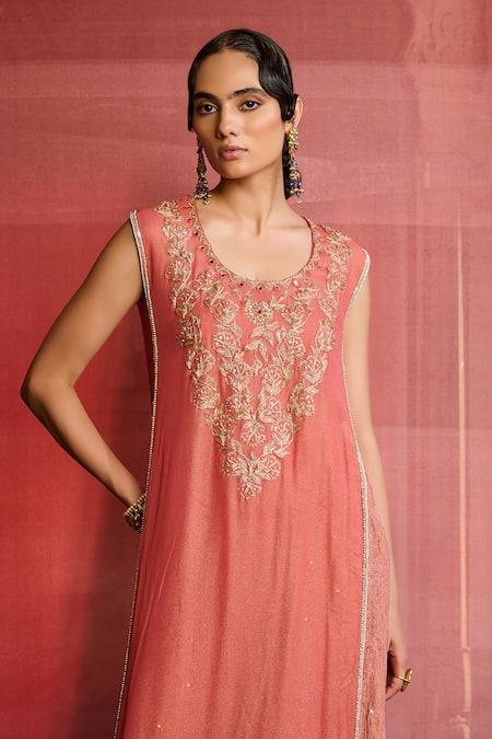 Buy_Zoon_Coral Georgette, Tissue, Organza Embroidery, Mirrors, Aari Kurta Palazzo Set _Online_at_Aza_Fashions