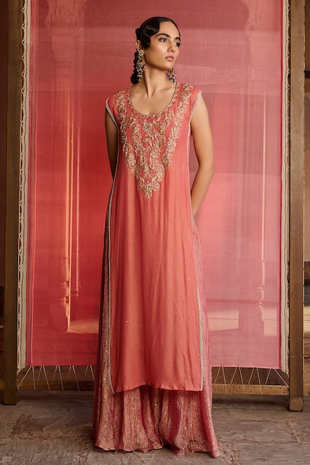 Zoon_Coral Georgette, Tissue, Organza Embroidery, Mirrors, Aari Kurta Palazzo Set _at_Aza_Fashions