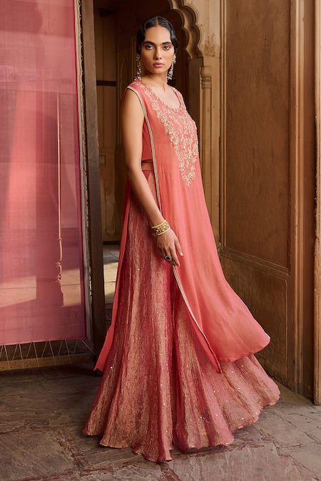 Buy_Zoon_Coral Georgette, Tissue, Organza Embroidery, Mirrors, Aari Kurta Palazzo Set 
