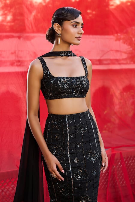 Shop_Zoon_Black Georgette, Chiffon Embroidery, Sequins Square Aari Fish Cut Lehenga Set _Online_at_Aza_Fashions