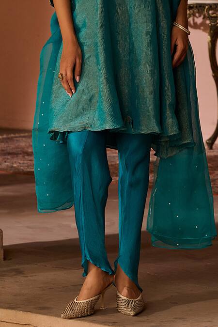 Zoon_Blue Tissue, Satin, Georgette, Organza Embroidery, Crushed Aari Kurta Set _Online_at_Aza_Fashions