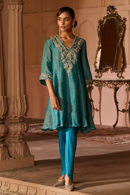 Buy_Zoon_Blue Tissue, Satin, Georgette, Organza Embroidery, Crushed Aari Kurta Set _Online_at_Aza_Fashions