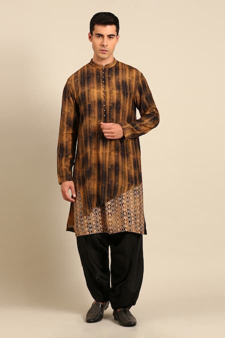 Mayank Modi - Men Striped & Geometric Asymmetric Kurta Set 