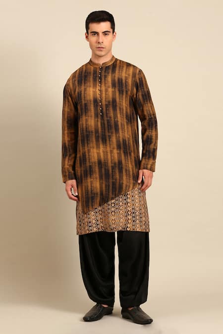 Mayank Modi - Men_Brown Muslin Striped And Geometric Asymmetric Kurta Set _Online_at_Aza_Fashions