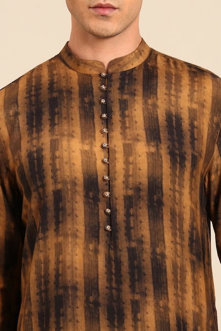 Buy_Mayank Modi - Men_Brown Muslin Striped And Geometric Asymmetric Kurta Set _Online_at_Aza_Fashions