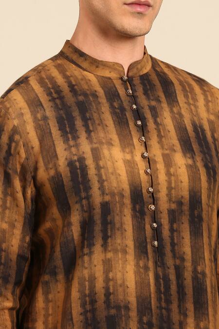 Shop_Mayank Modi - Men_Brown Muslin Striped And Geometric Asymmetric Kurta Set _Online_at_Aza_Fashions
