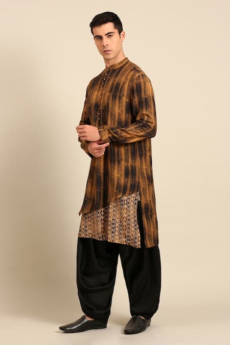 Mayank Modi - Men_Brown Muslin Striped And Geometric Asymmetric Kurta Set _at_Aza_Fashions