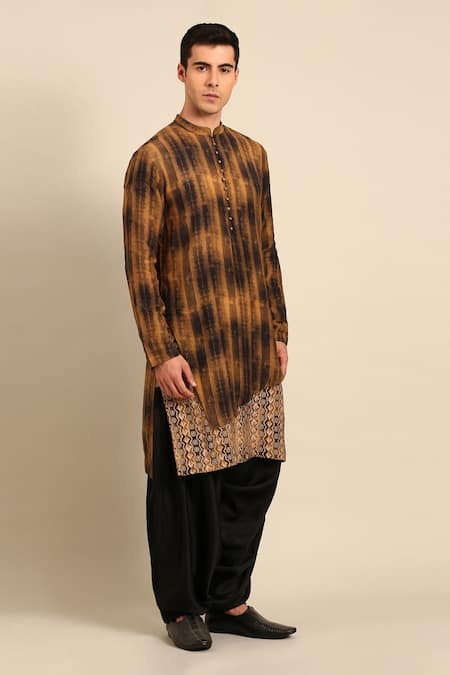 Buy_Mayank Modi - Men_Brown Muslin Striped And Geometric Asymmetric Kurta Set 