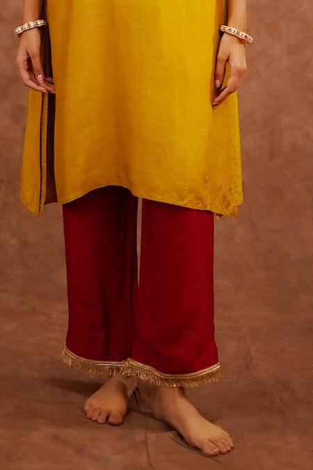 World of Sugandh_Yellow Dupion, Silk Embroidery, Zari Split V-neck Haldi Gulab Kurta And Pant Set _Online_at_Aza_Fashions