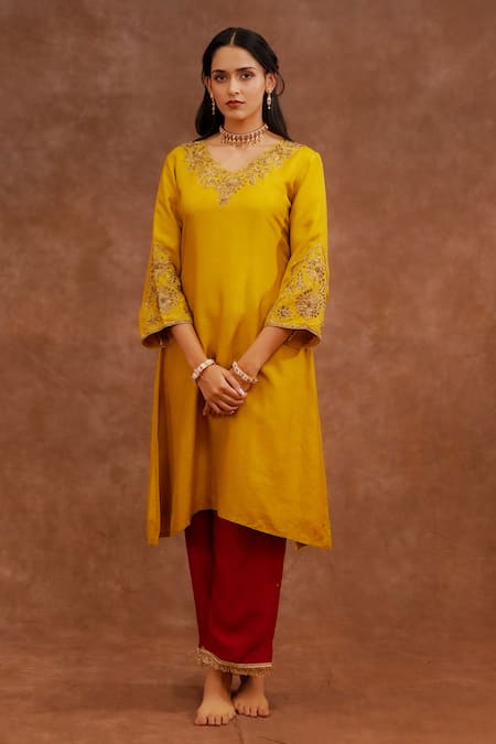 Buy_World of Sugandh_Yellow Dupion, Silk Embroidery, Zari Split V-neck Haldi Gulab Kurta And Pant Set _Online_at_Aza_Fashions