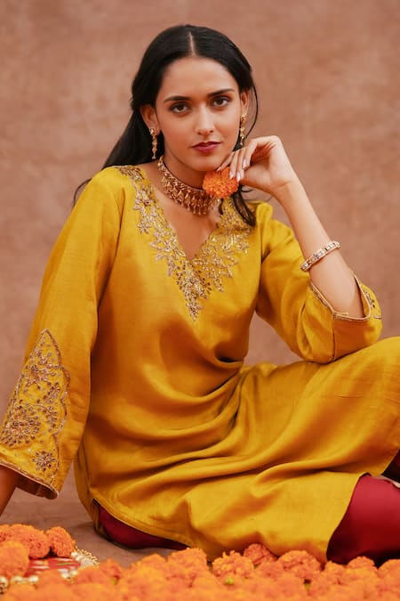 Shop_World of Sugandh_Yellow Dupion, Silk Embroidery, Zari Split V-neck Haldi Gulab Kurta And Pant Set _Online_at_Aza_Fashions
