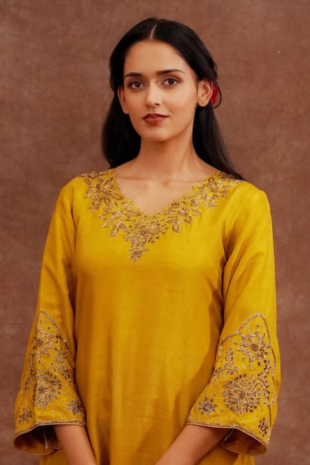 World of Sugandh_Yellow Dupion, Silk Embroidery, Zari Split V-neck Haldi Gulab Kurta And Pant Set _at_Aza_Fashions