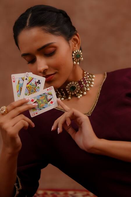 World of Sugandh_Wine Dupion, Silk Embroidery, Piping V-neck Gulmohar Hand Kurta And Pant Set _Online_at_Aza_Fashions