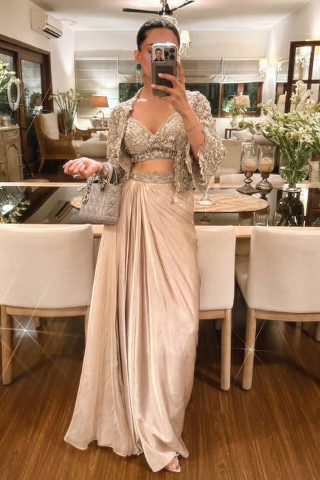 Shop_Roqa_Ivory Net, Modal, Satin Embroidery, Sequins Designer Jacket Blouse Skirt Set _Online_at_Aza_Fashions