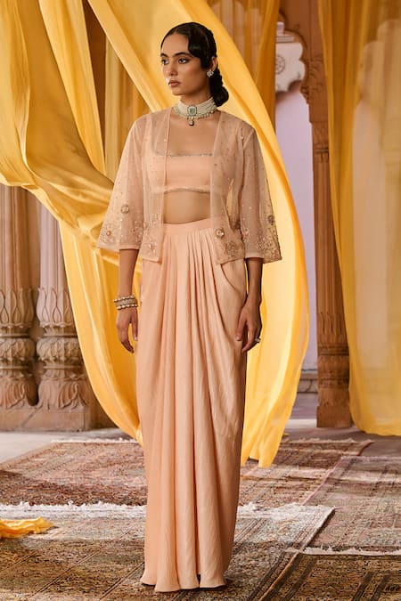 Buy_Zoon_Peach Net, Satin Sequins, Embroidery Open Neck, Scoop Aari Jacket Skirt Set _Online_at_Aza_Fashions