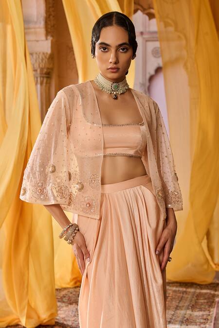 Shop_Zoon_Peach Net, Satin Sequins, Embroidery Open Neck, Scoop Aari Jacket Skirt Set _Online_at_Aza_Fashions