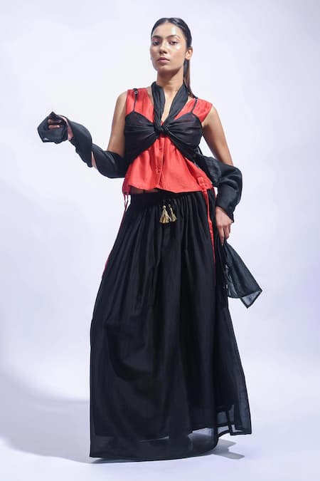 JAYATI GOENKA Red & Black Silk Wrap Top & Skirt Set 
